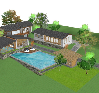 毛石民宿建筑场景sketchup模型下载